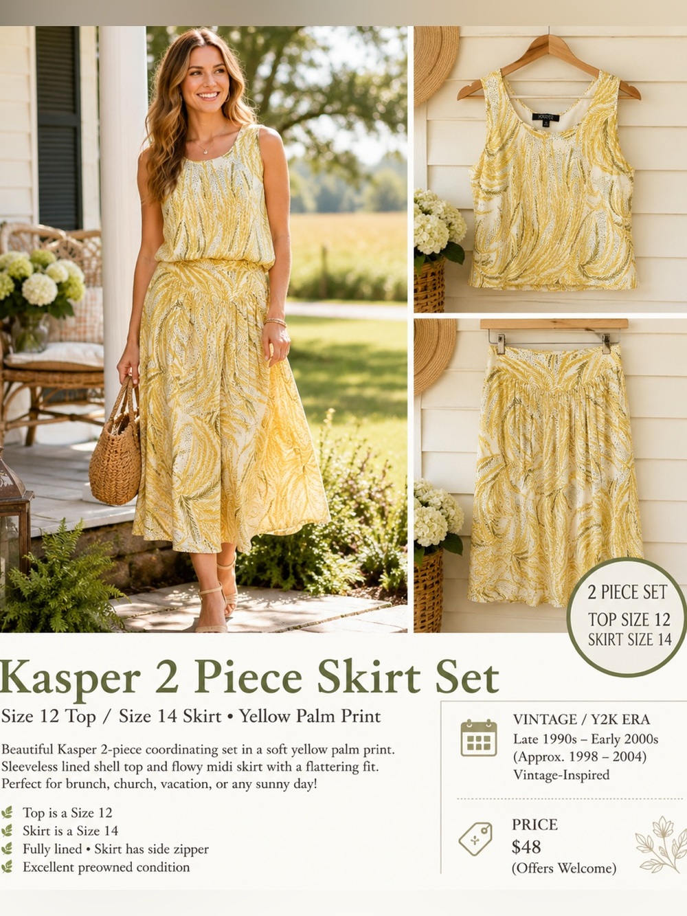 Kasper 2 Piece Skirt Set Size 12 Top / 14 Skirt Yellow Palm Print Midi